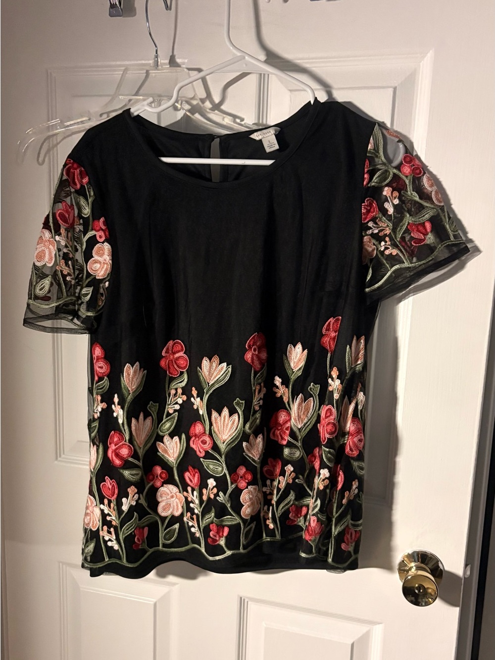 Embroidered Black Floral Short-Sleeve Women's Blouse